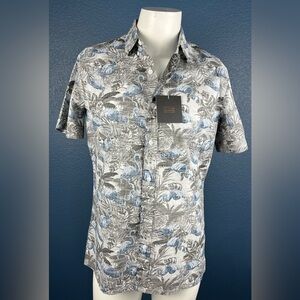 14th & Union Shirt Gray & Blue Palm Print Button Down 100% Cotton Short Sleeve